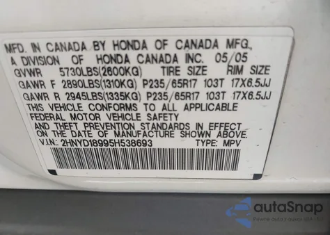 2005 Acura Mdx from USA, damaged, VIN 2HNYD18995H538693